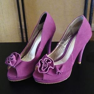 Open toe Suede 4 inch Heel with 1/2 inch Platform purple in color